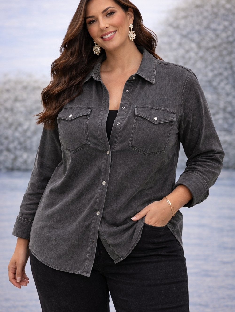Susan Graver Button Down Shirt Women Medium Gray Utility Shacket Casual Chic Lig